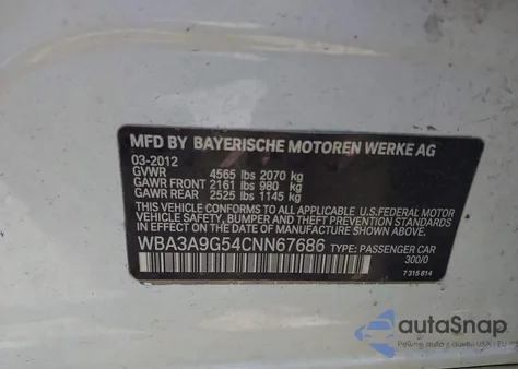 2012 BMW 335I z USA, uszkodzony, nr VIN WBA3A9G54CNN67686